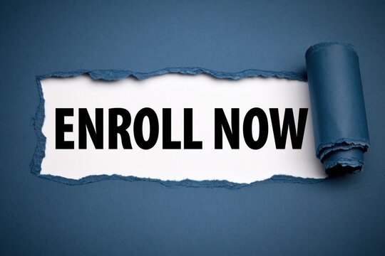 Enroll now concept text revealed under a horizontal tear of dark blue paper