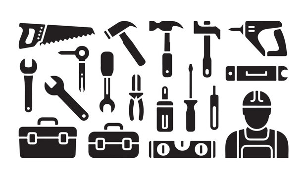 Construction worker and handyman tool kit collection for professional building and repair.
