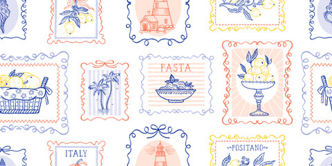 Summer Italy stamp seamless pattern. Italian postcard with lemon palm boat. Amalfi beach background. Sea vintage print. Italy summer bg. Post stamp border. Seamless postage vector with Amalfi coast © Olga Che