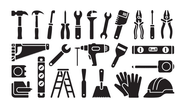 Working tools black solid silhouette drawing cartoon vector illustration set white background.
