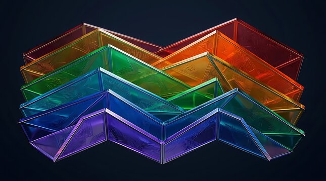 Abstract rainbow zigzag geometric glass structures on dark background