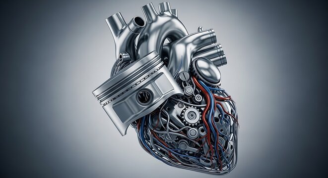 Metallic mechanical human heart made of engine parts and gears on grey