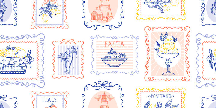 Summer Italy stamp seamless pattern. Italian postcard with lemon palm boat. Amalfi beach background. Sea vintage print. Italy summer bg. Post stamp border. Seamless postage vector with Amalfi coast