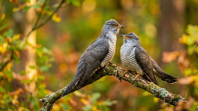 two cuckoo birds singing on tree branches in english countryside golden light close up video