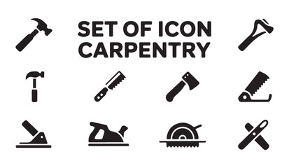 Naklejka premium Set of carpentry tool vector icons hammer saw axe plane and drill.