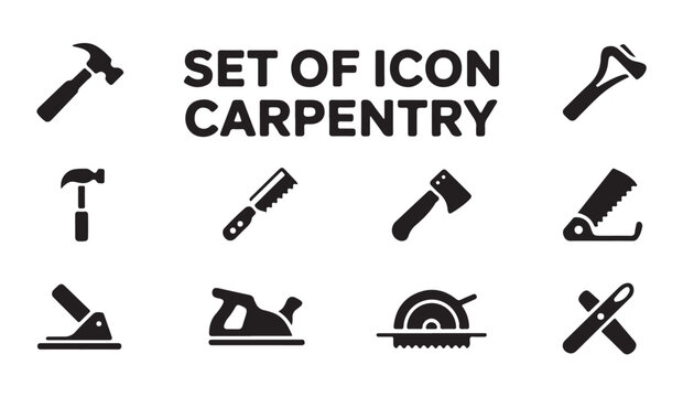 Set of carpentry tool vector icons hammer saw axe plane and drill.