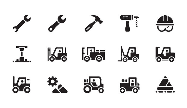 Heavy construction machinery and work tools icons for maintenance repair and site work.