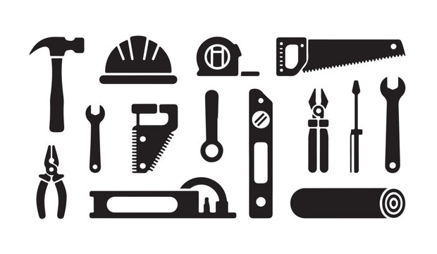 Collection of carpentry and construction tools icons as black silhouettes on white base.
