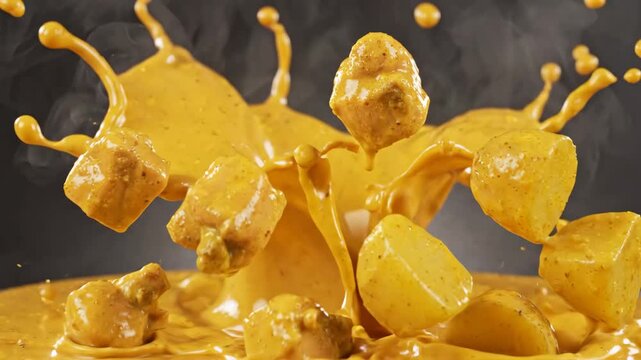 Golden chicken pieces with creamy curry sauce splash flying in midair, delicious spicy closeup food meal, vibrant yellow potato tofu vegetable dynamic motion, gourmet vegetarian meal, yellow sauce