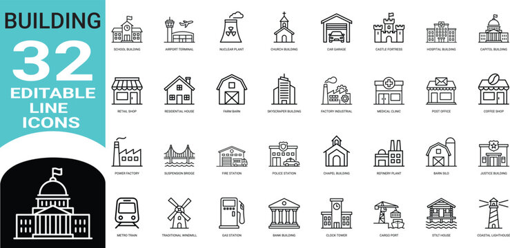 Building architecture line art icons set house factory bank school shop airport hospital barn garage train station lighthouse gas station web icon app icon outline icon editable stroke line art vector