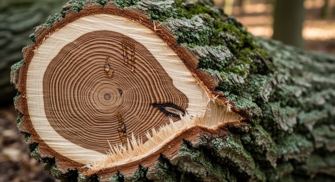 Cross section of a tree trunk showing rings.
