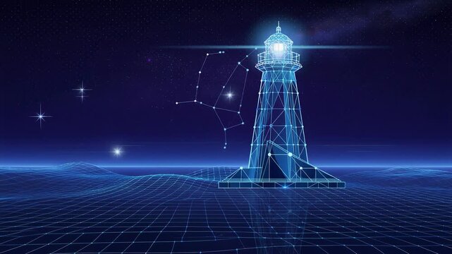 Futuristic glowing lighthouse made of digital wireframes standing amid a glowing grid at night