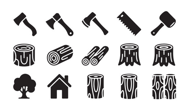Woodworking and forestry industry icons set featuring axes saws logs and lumberjack tools.