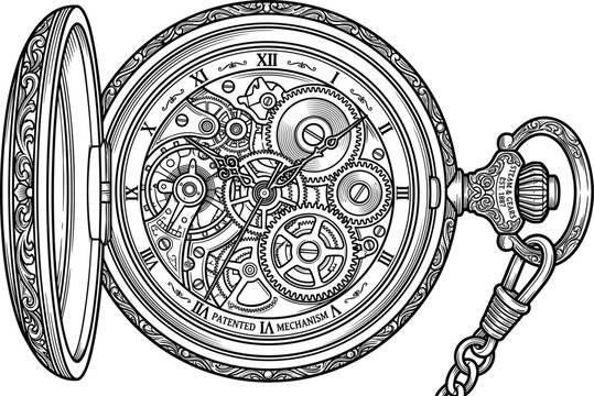 Vintage Steampunk Pocket Watch Vector Illustration with Exposed Mechanical Gears, Cogs, Roman Numerals, Open Cover, and Ornate Filigree Line Art for Coloring Books