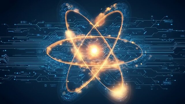 Glowing atomic structure superimposed on futuristic digital circuitry background