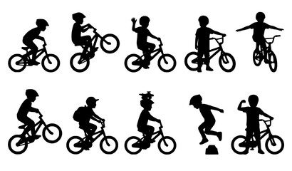 Fototapeta premium Kids on bikes silhouettes vector collection with active children riding bicycles cycling sports and outdoor play shapes set