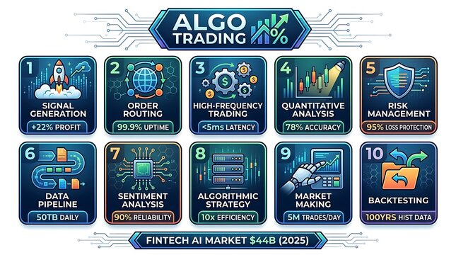 Algorithmic trading process flowchart with financial technology metrics
