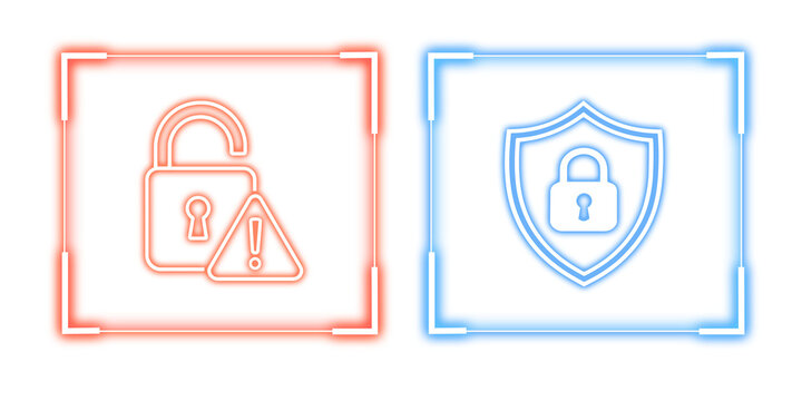 Glowing Blue Secure Shield and Red Unsecure Broken Lock Warning Signs with squire Frame Neon Overlay PNG