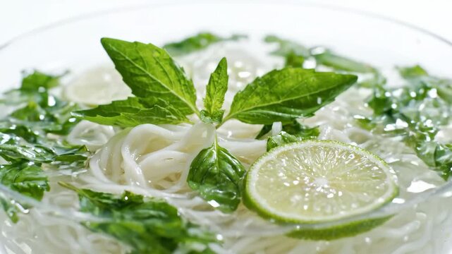 Fresh rice noodle soup with lime, mint, cilantro, and vibrant green herbs clear broth, featuring fresh vegetarian Vietnamese cuisine, healthy gourmet, refreshing closeup, and appetizing presentation