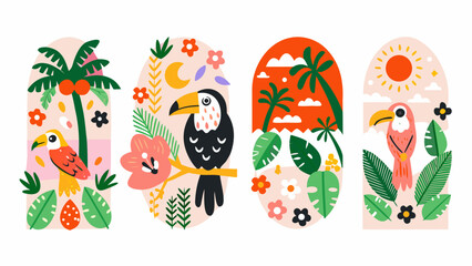 Fototapeta premium Tropical birds and foliage colorful vector illustration set on white background