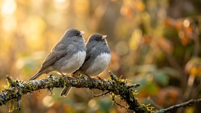 two dark eyed junco birds singing in rocky mountains usa golden light close up video