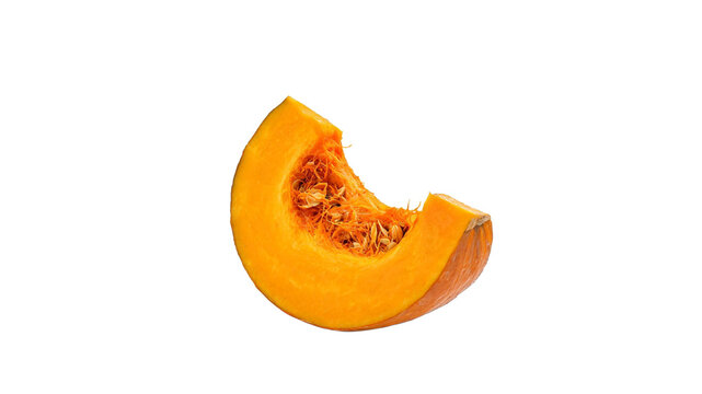 A single fresh wedge of raw pumpkin showing texture and seeds a as transparent cutout