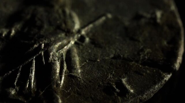 Archeological find. Draped goddess Vesta. Salonina antoninianus silver coin macro video close up.