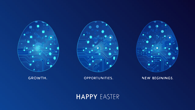 Circuit board egg illustrations with blue glow on dark background