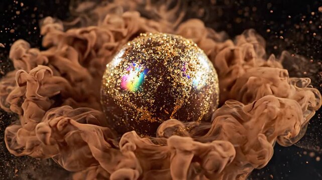 Shiny chocolate sphere with gold glitter and swirling brown smoke, luxury dessert with magical atmosphere, golden artistic swirl, glitter splash, sweet gourmet indulgent celebration, elegant creative