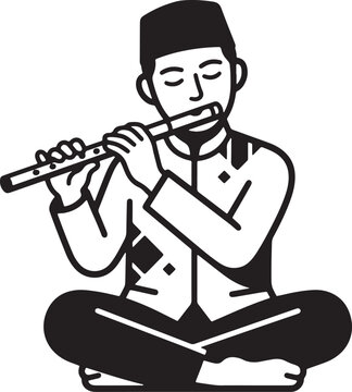 Man in traditional attire playing flute sitting cross-legged
