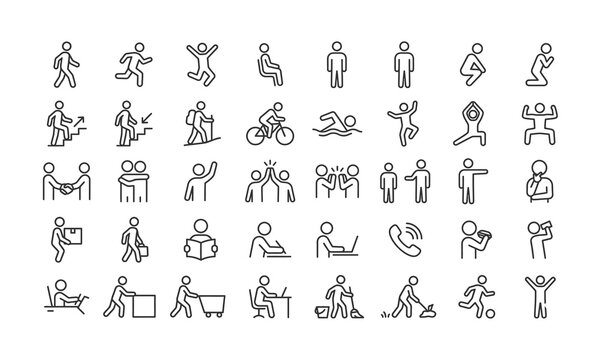 Stickman line icons set. Vector minimalist people figures in various poses and actions like walking, running, working, eating, exercising, and interacting
