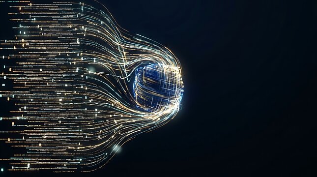 Abstract digital data stream flowing into a glowing technology core