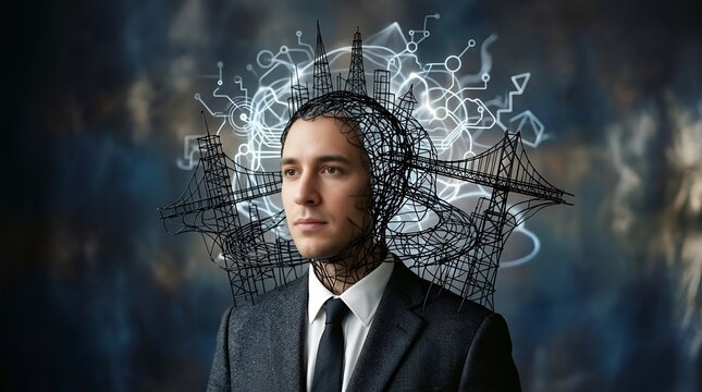 Man with futuristic city architecture integrated into his head concept