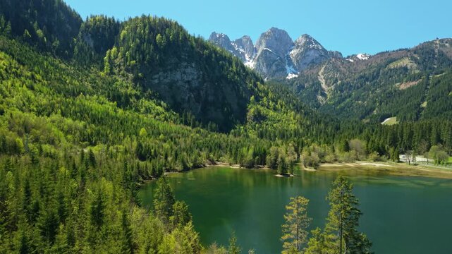 Aerial view of emerald Gosau lake surrounded by forest and mountains, Austria