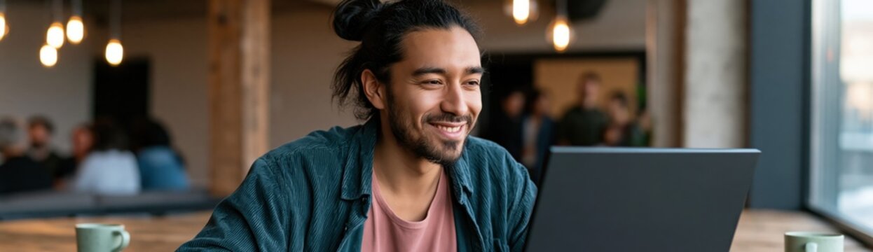 Smiling young man using a laptop in a modern coworking cafe for business website banner and professional office background