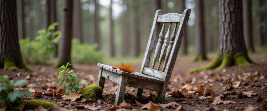 Abandoned wooden armchair discarded in spring forest woods for environmental awareness and recycling blogs