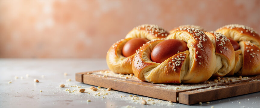 Braided tsoureki Easter sweet bread with red eggs on wooden table for food blogs and holiday recipes