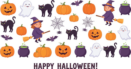 Obraz premium Happy Halloween Cute Cartoon Doodle Element Background