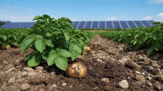 Close up view of a growing potato plant with a tuber visible in the dark soil, showcasing agrivoltaics with a modern solar panel installation generating clean energy in the background