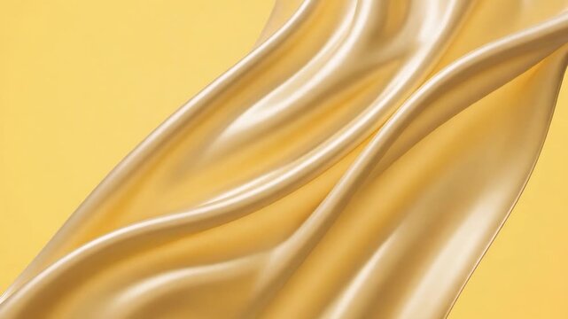 Golden satin fabric with a luxurious sheen flowing gracefully and waving in slow motion across a yellow background, creating an elegant and fluid display of rippling folds and textures. asmr