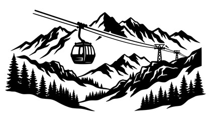 Winter Ski Gondola Cable Car Silhouette Vector with Snow Covered Mountains © Wahida