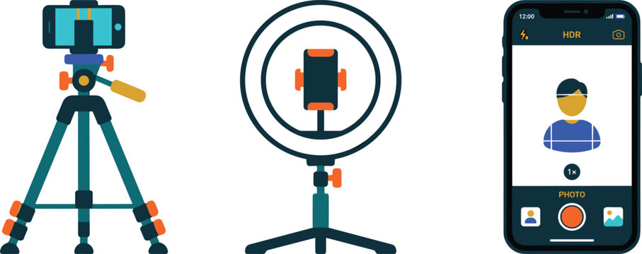 Vlogging and Content Creation Vector Icon Set Featuring Smartphone Tripod Stand LED Ring Light and Camera Selfie Interface Graphic Design Templates