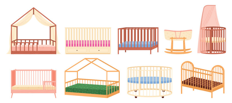 Set of different cartoon baby cots, cribs, and bassinets in assorted styles and colors, ideal for nursery or bedroom decor, isolated on white background vector illustration