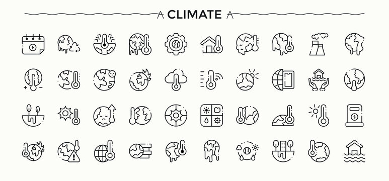 Climate modern icon set. Contain linear sign environment, earth, ecology, green and more. Ecology modern icon set. Icons for UI designs. Vector illustration in modern line style.