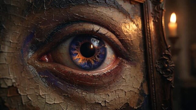 Close-up of a mysterious eye behind a cracked mask, illuminated by candlelight, creating a dark, eerie and supernatural Halloween atmosphere.