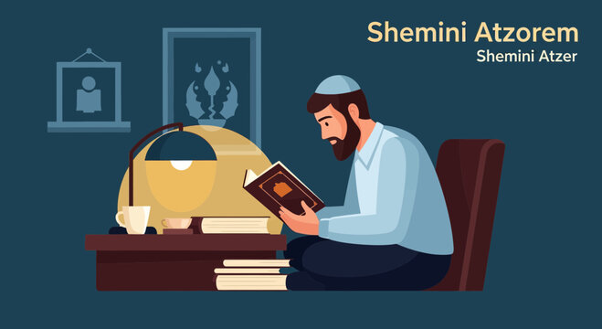 Jewish man in kippah reading sacred text with a lamp illuminating his study