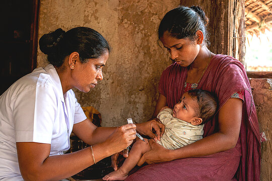 South Indian Female Village Health Worker Vaccinating Infant Held by Young Mother in Rural Hut
