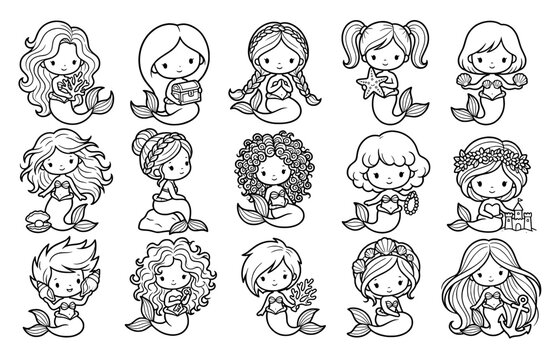 Cute mermaid outline clipart set with merman, treasure chest, starfish and sandcastle, bold easy coloring pages for kids, under the sea ocean digital stamp vector illustration