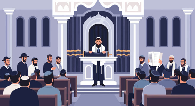 Rabbi leading a Jewish congregation in a synagogue while reading from the Torah