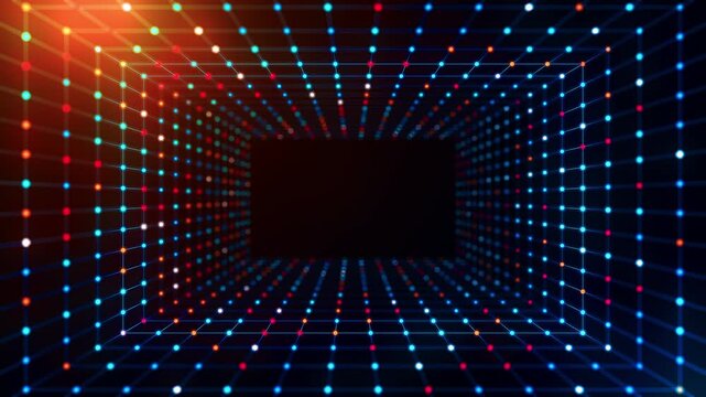 Abstract wireframe network tunnel animation featuring straight glowing lines, smooth linear backward camera movement, parallax perspective, depth of field and futuristic digital visuals.